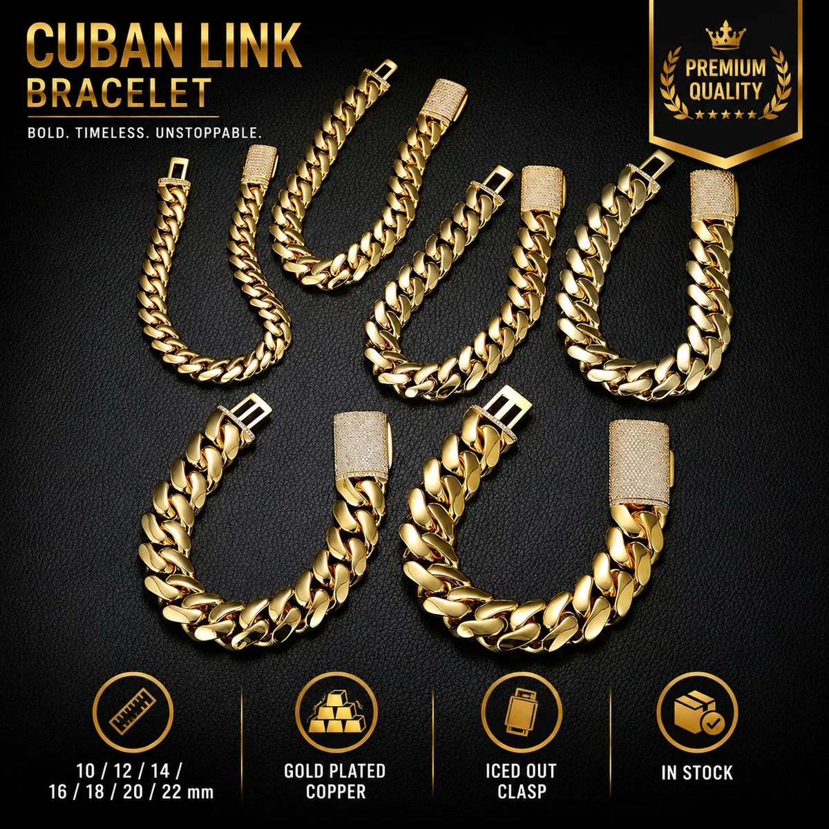 Men's 10mm-22mm Gold Plated Miami Cuban Link Chain Heavy Solid Choker Bracelet Non Tarnish Hip Hop Jewelry for Men