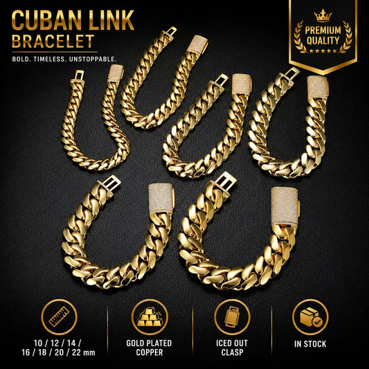 Men's 10mm-22mm Gold Plated Miami Cuban Link Chain Heavy Solid Choker Bracelet Non Tarnish Hip Hop Jewelry for Men