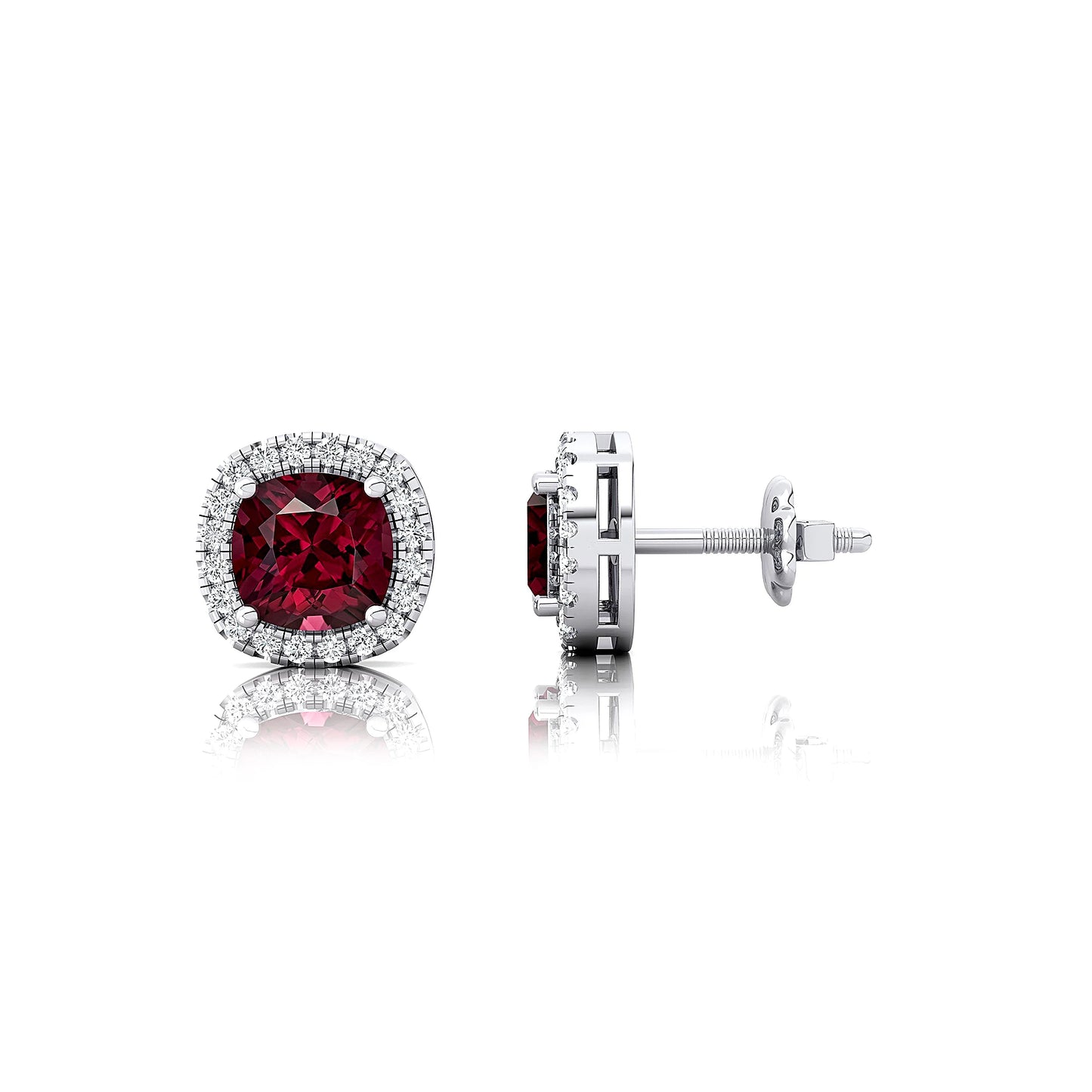 18k Solid Gold Cute Dainty Studs Cushion Cut Natural Garnet Rhodium Plated Push Back Stud Earrings With Real Diamonds Jewelry