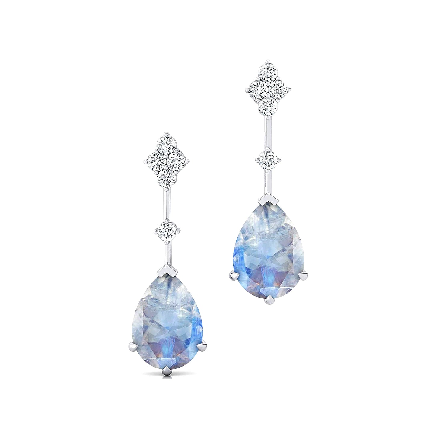 High Quality Natural Rainbow Moonstone Gemstone Real Diamonds Stud Earrings 18k Solid Gold Rhodium Plated Cute Fine Birthstone