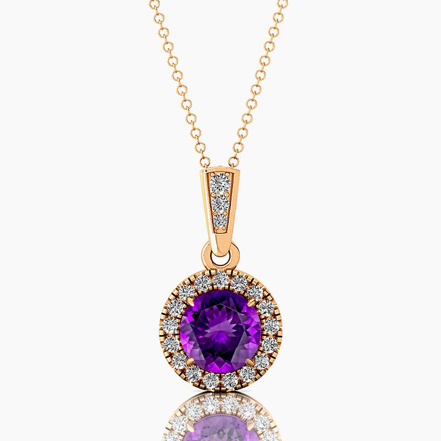 Natural Amethyst Gemstone Cute Minimalist Halo Solitaire Pendant 14K Solid Gold Rhodium Plated Diamond Gift