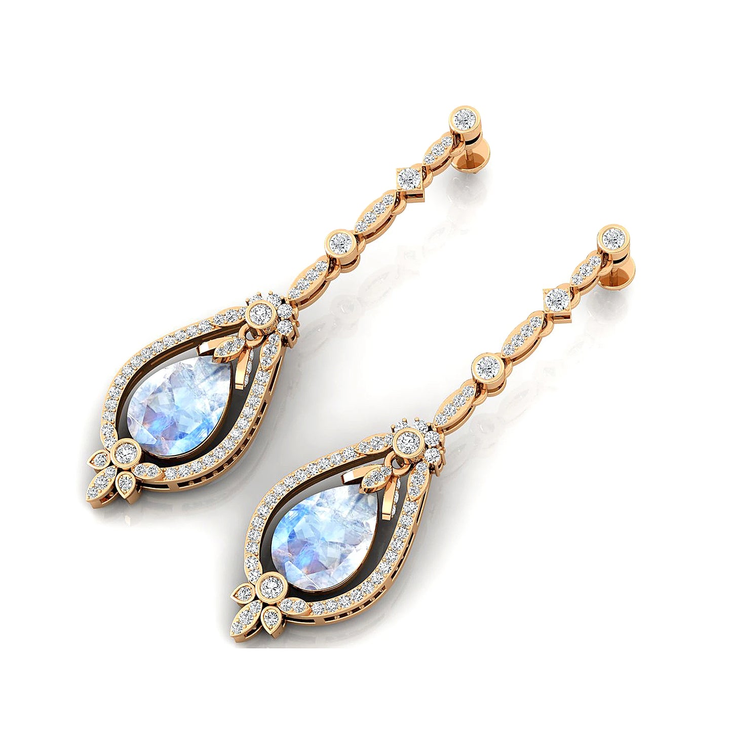 Natural Rainbow Moonstone Gemstone and Real Diamonds Dangle Drop Earrings Dainty 18K Solid Gold Rhodium Plated Wedding Party