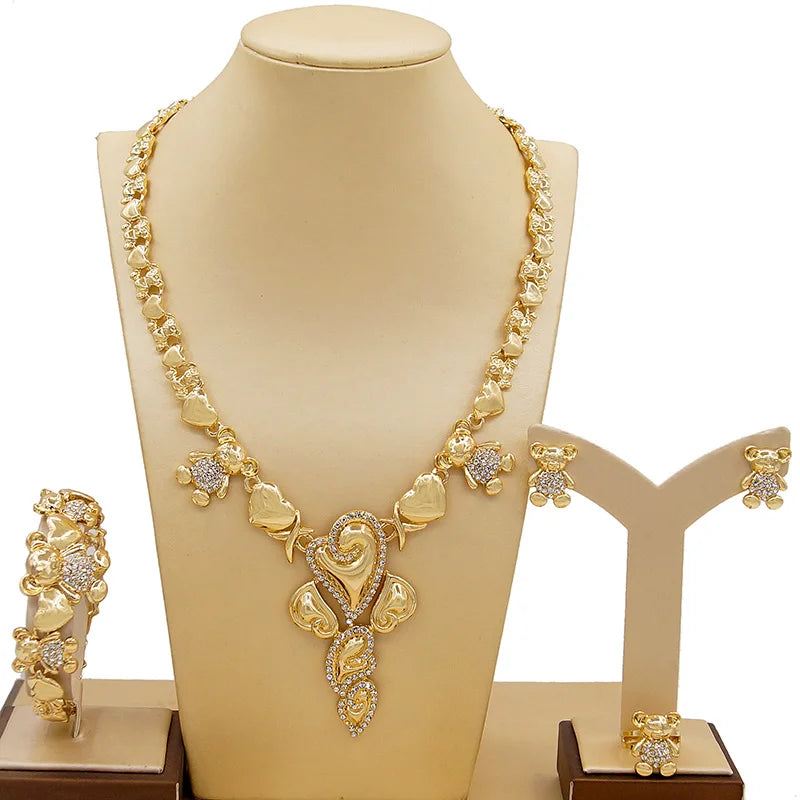 Zhuerrui Newest Design 14K Gold Plated Wedding Party Jewelry Sets I Love You Xo Big Teddy Bear Hug and Kiss Jewelry Set X0077