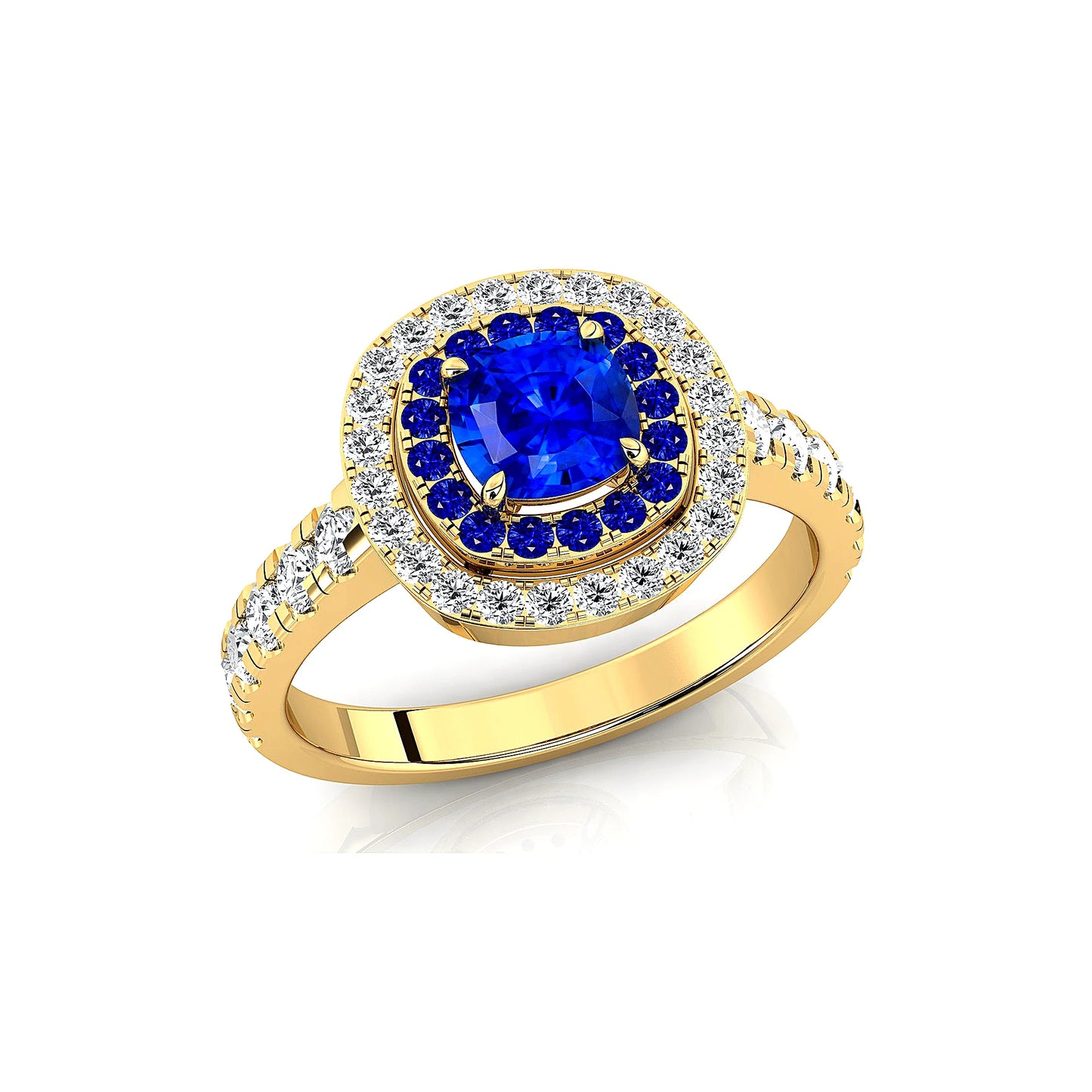 18kt Solid Gold Lab Grown Blue Sapphire Gemstone Real Diamond Rhodium Plated Handmade Double Halo Ring Jewelry Gift For Wife