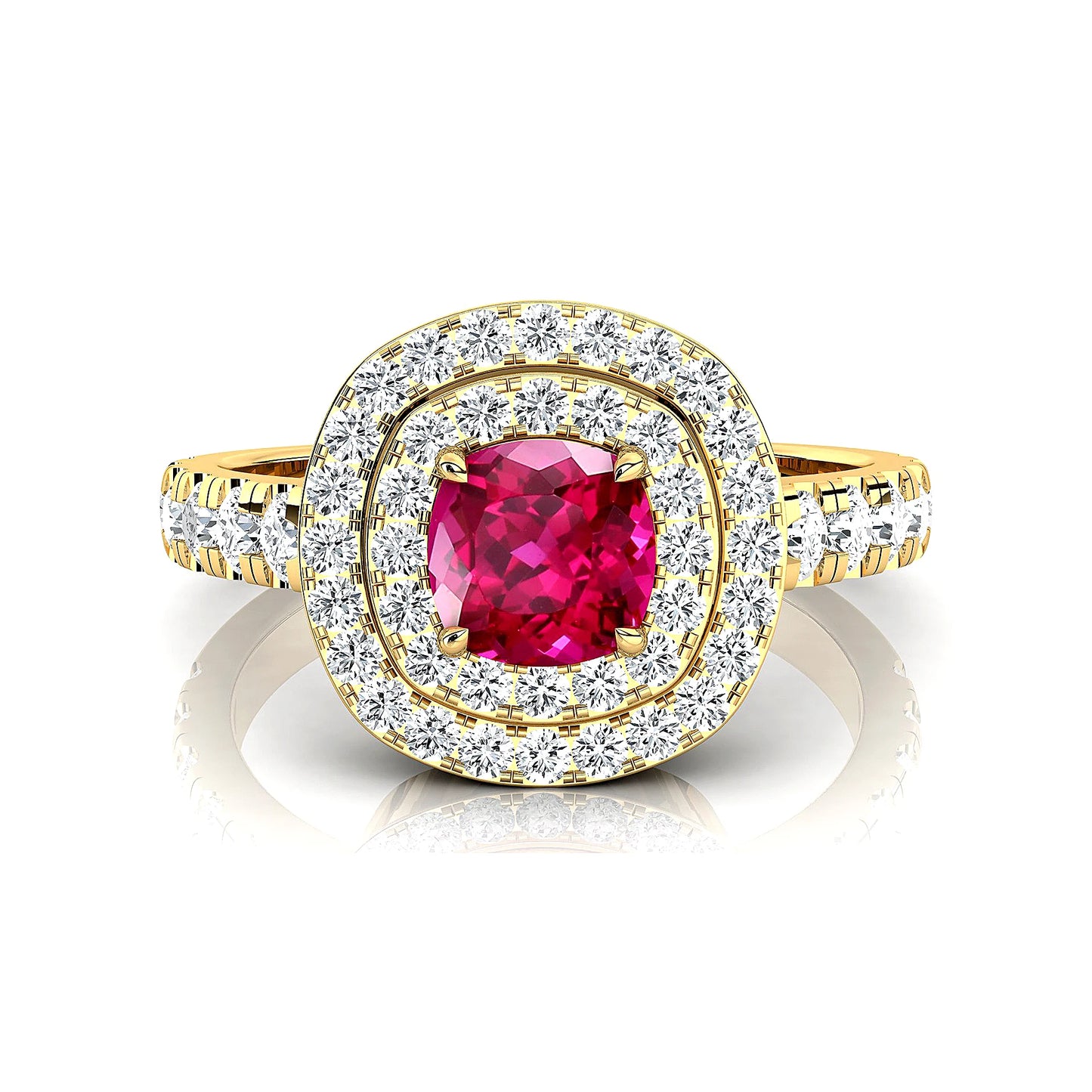 18k Solid Gold Lab Grown Pink Sapphire Gemstone and Real Diamonds Cushion Cut Rhodium Plated Double Halo Solitaire Ring For Gift