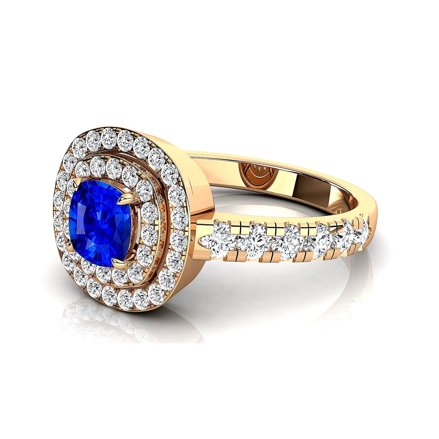 18kt Solid Gold Lab Grown Blue Sapphire Gemstone Real Diamond Rhodium Plated Handmade Double Halo Ring Jewelry Gift For Wife