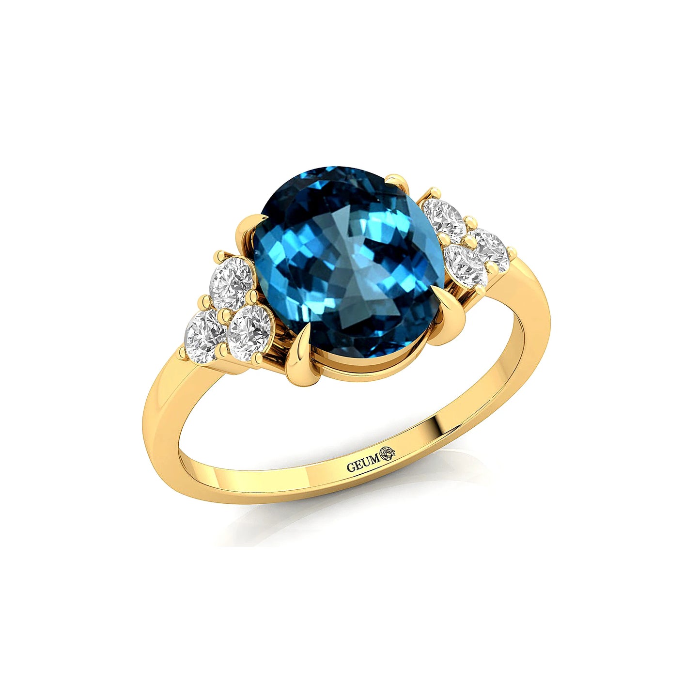Solid 14k Gold Classic Unique Oval Shape Natural London Blue Topaz Gemstone Real Diamond Cluster Pave Setting Premium Designer
