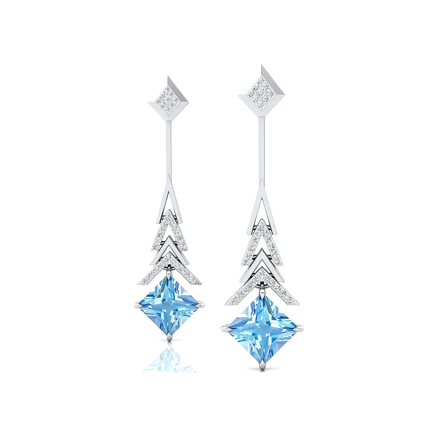 Wedding Party Gift Natural Aquamarine Princess Cut Gemstone Solid Gold Real Diamonds Dangle Drop Earrings Rhodium Plated Jewelry