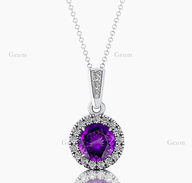 Natural Amethyst Gemstone Cute Minimalist Halo Solitaire Pendant 14K Solid Gold Rhodium Plated Diamond Gift
