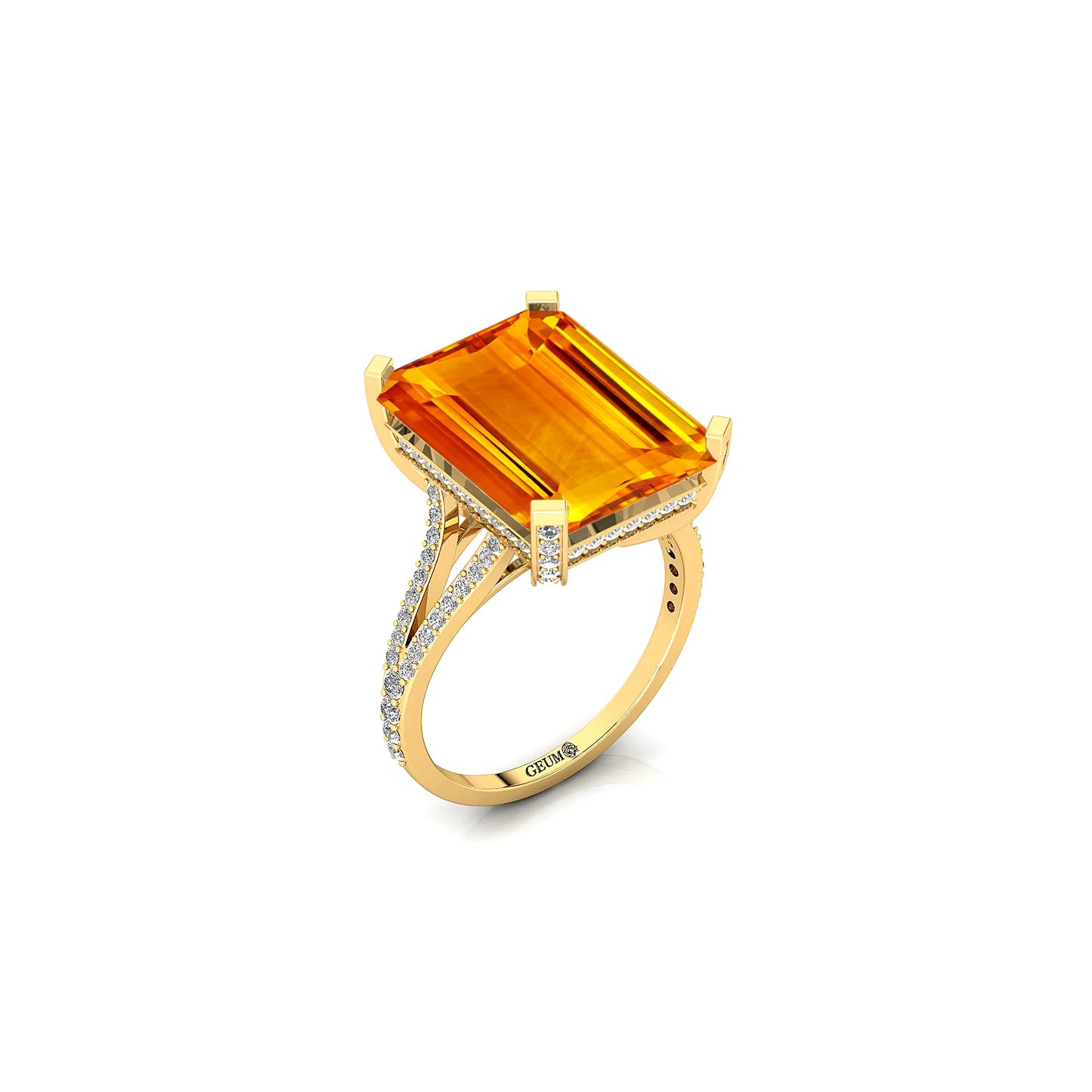 Emerald Cut 100% Natural Citrine Gemstone Cluster Rings 18K Gold IGI Certified 0.54 Carat Real Diamonds Rhodium Plated Prong