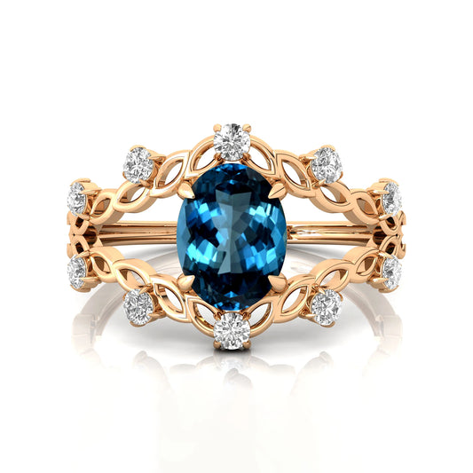 14K Solid Gold Prong Set 1.5 Ct Oval Cut Natural London Blue Topaz Gemstone Rings Adorned Natural Diamonds Classic Wedding Gift