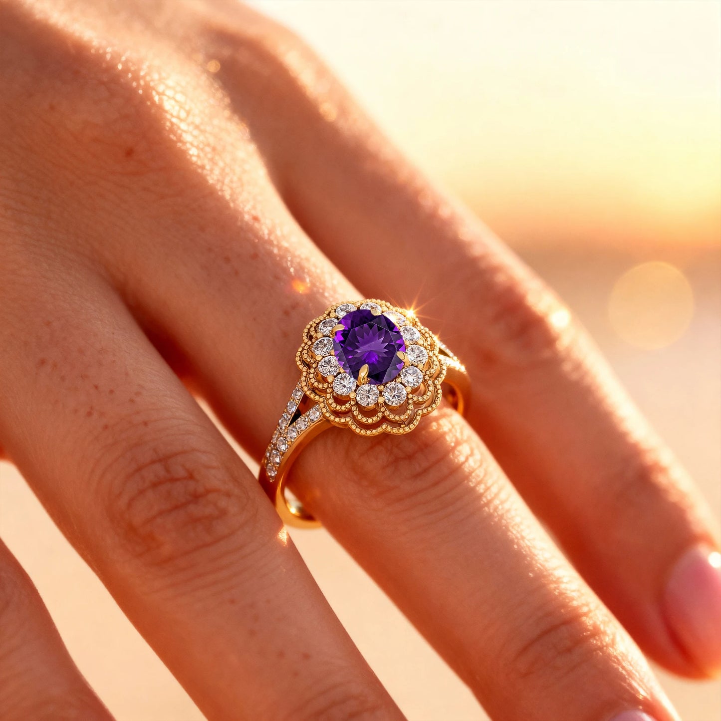 18K Solid Gold Engagement Rings Cut Natural Amethyst Gemstone Real Diamonds Custom Birthstone Wedding Valentine's Day Gifts