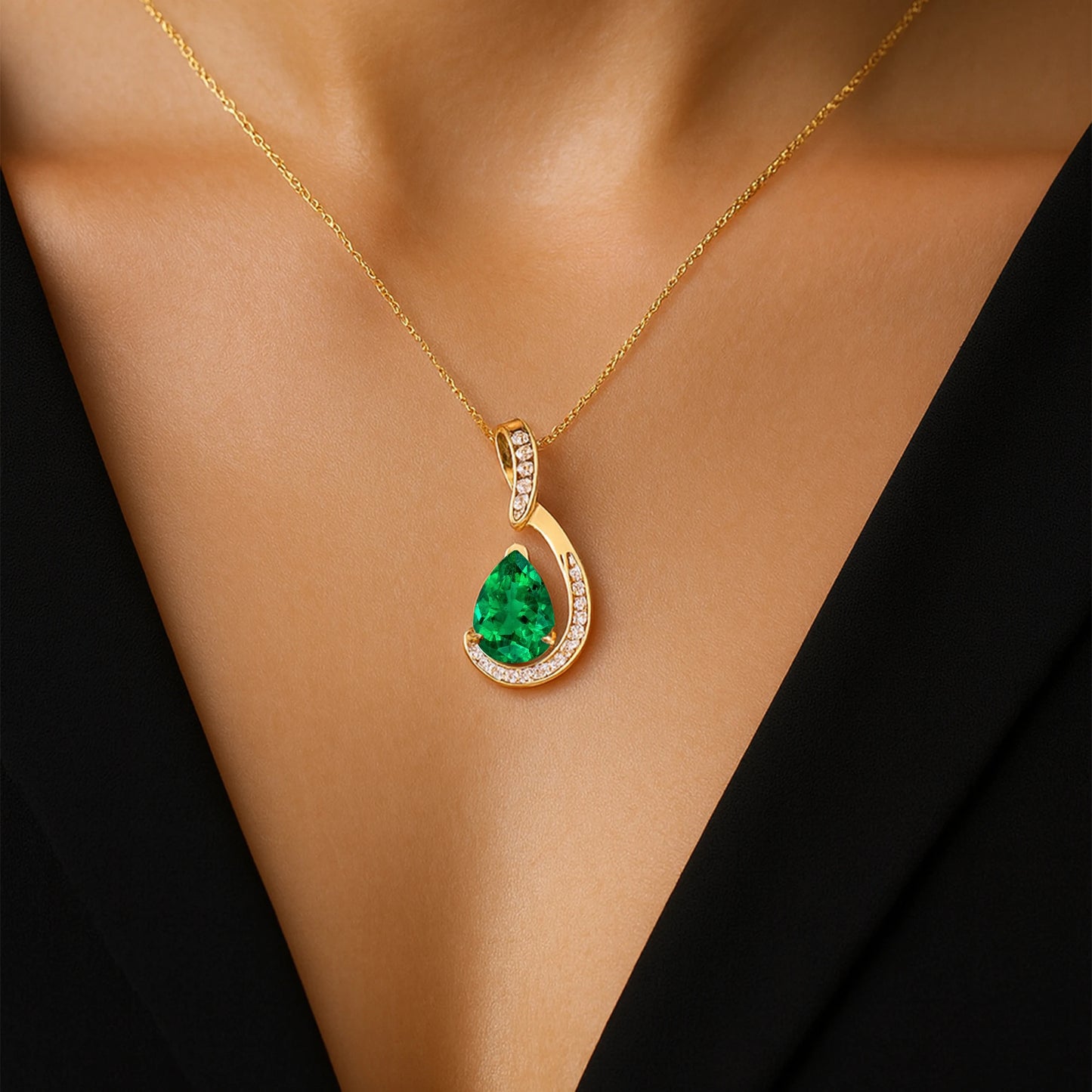 Lab Grown Green Emerald Genuine White Diamond Teardrop Pendant Necklace 14k Solid Gold Cute Delicate Fine Women's Gift Jewelry