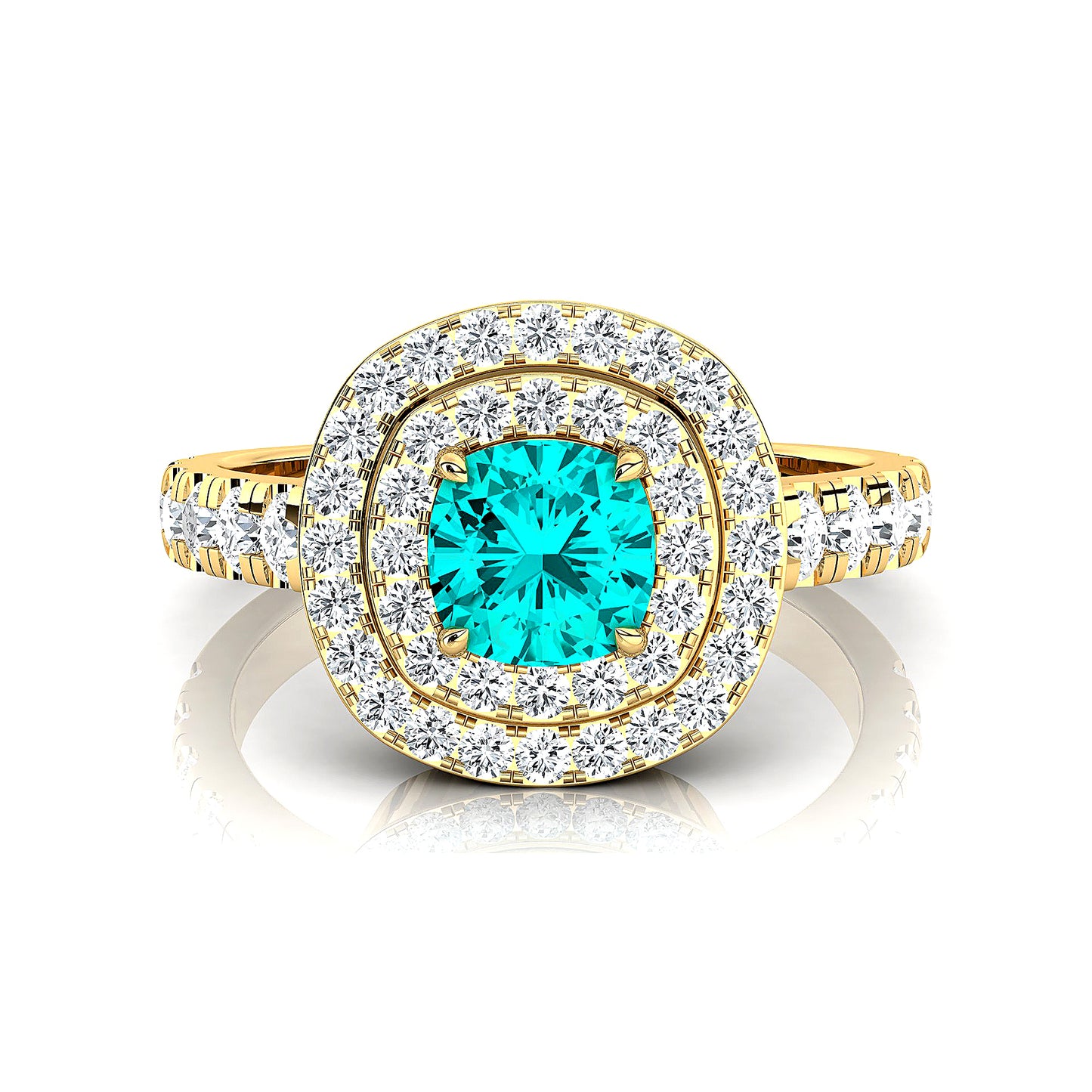 18kt Solid Gold Lab Grown Paraiba Tourmaline Real Diamond Classic Wedding Double Halo Ring Rhodium Plated Fine Jewelry For Gift