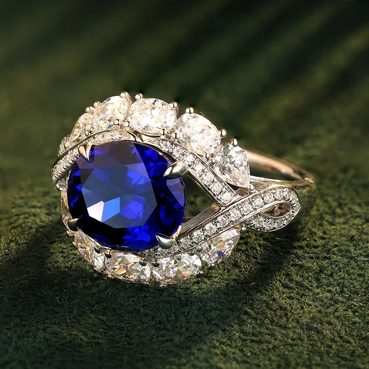 Gemfiori Anster Oval Cut Lab Made Diamonds and Ring S925 Sterling Silver Lab Created Blue Sapphire Women Ring