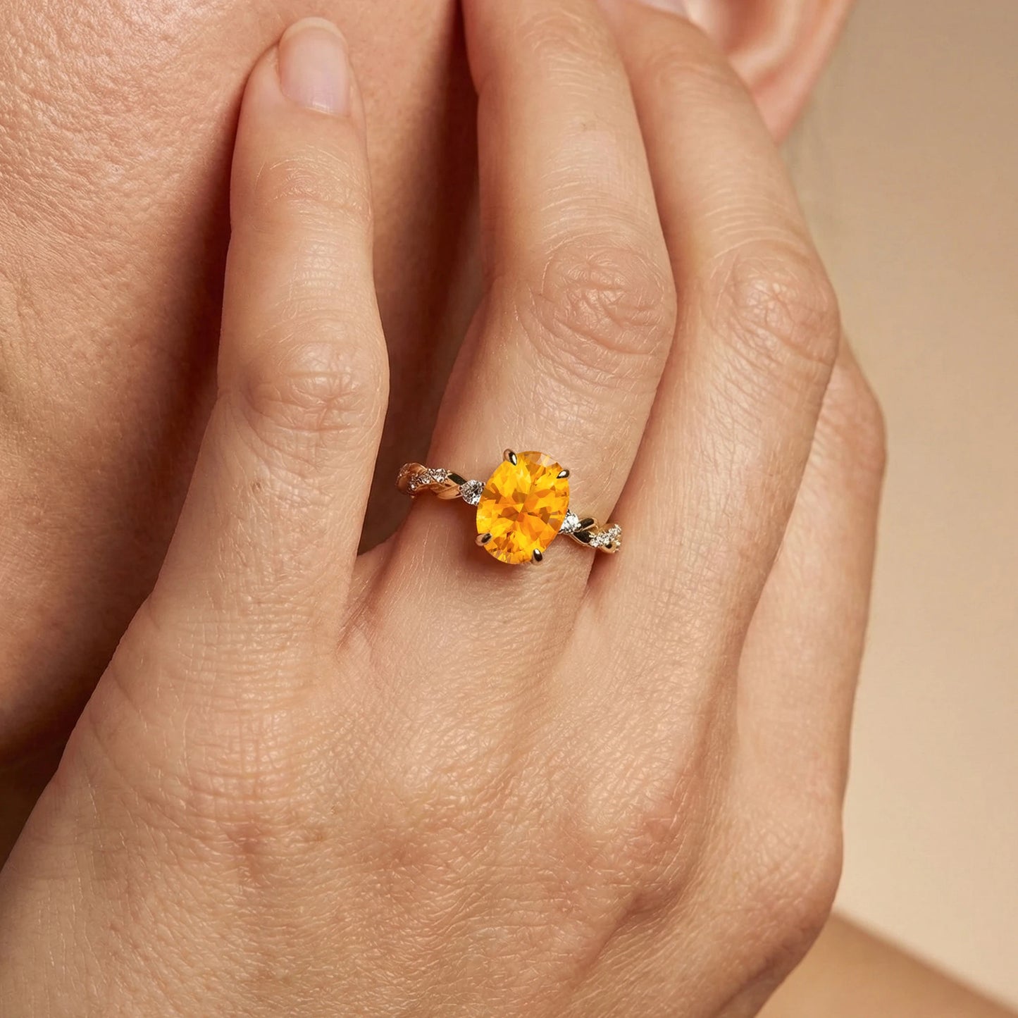 New Gorgeous 18k Solid Gold Dainty Solitaire Rings Cut Natural Citrine Gemstone & White Diamonds Rhodium Plated Partywear Ring