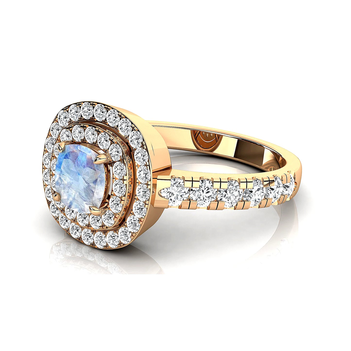 18k Solid Gold Rings Natural Rainbow Moonstone Cushion Cut Prong Set Double Halo Half Eternity Ring Band For Birthday Gift