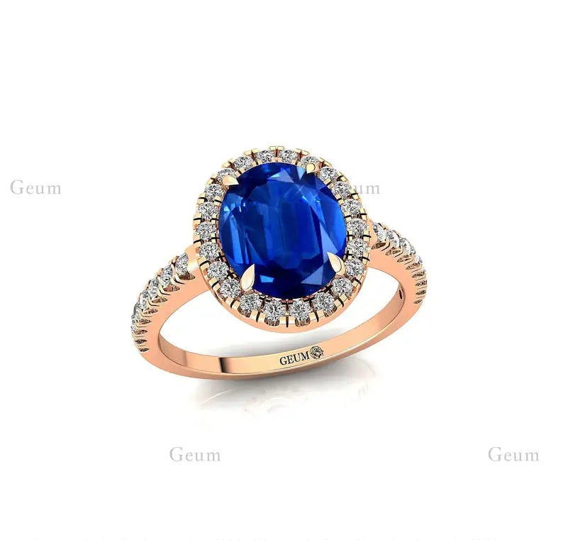14K Real Gold Lab Grown Blue Sapphire Gemstone & Diamond Ring Romantic Engagement Luxury Fine Jewelry Wedding Anniversary Rings