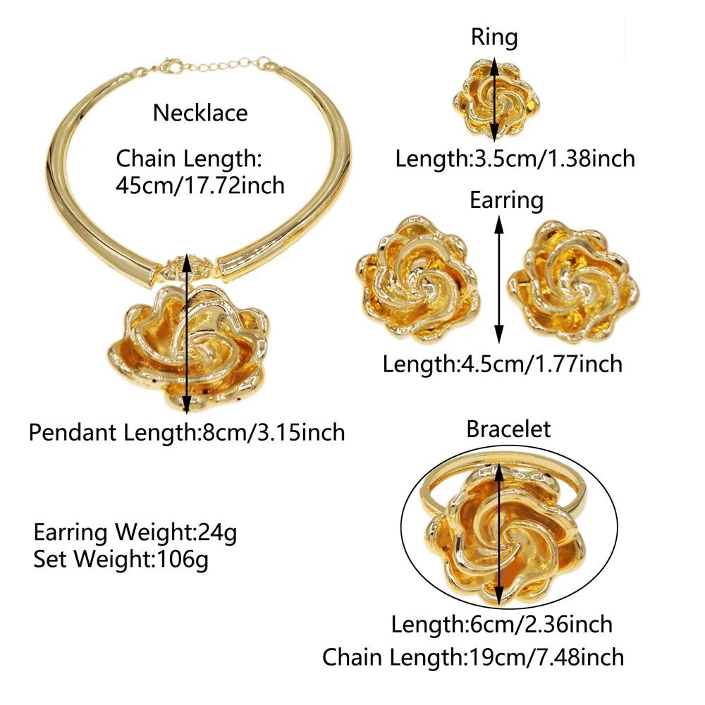 Zhuerrui Wholesale Luxury Gold Plated Rose Flower 4PCS Jewelry Set Dubai African Wedding Necklace Earrings Bracelet Ring HK52822