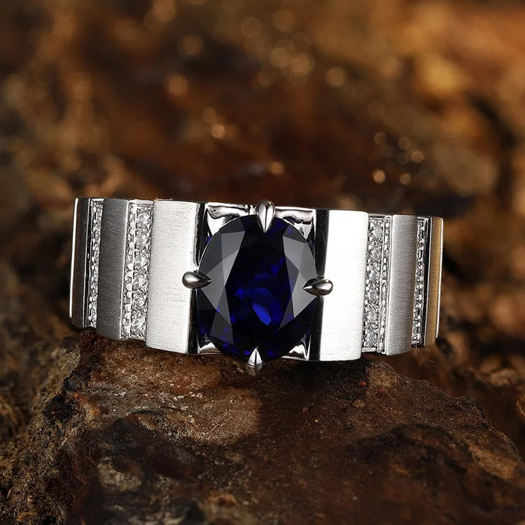 Gemfiori Anster Lab Created Sapphire Men Ring Lab Made Oval Cut Diamonds and Ring S925 Sterling Silver