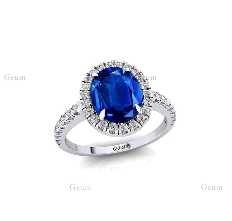14K Real Gold Lab Grown Blue Sapphire Gemstone & Diamond Ring Romantic Engagement Luxury Fine Jewelry Wedding Anniversary Rings