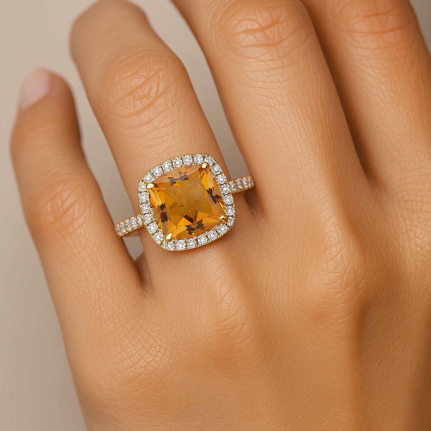 Luxury Classic Wedding Cushion Cut Citrine November Birthstone 18k Solid Gold Women's Diamond Ring