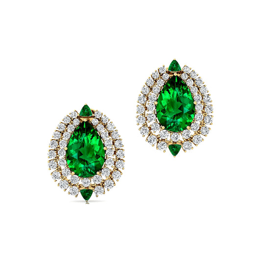 Lab Grown Emerald Gemstone Teardrop Halo Stud Earrings Solid 18kt Yellow Rose White Gold Rhodium Cute Design Gift For Her