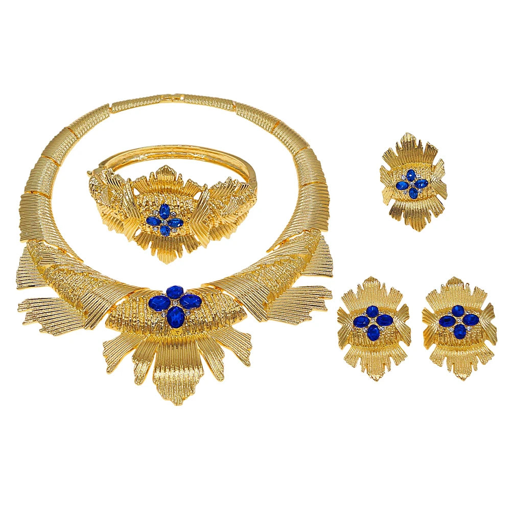 Zhuerrui Dubai Gold Plated Jewelry Set Blue Stone Inlaid Statement Fan Necklace Earrings Bracelet Ring Women Ceremony I005220