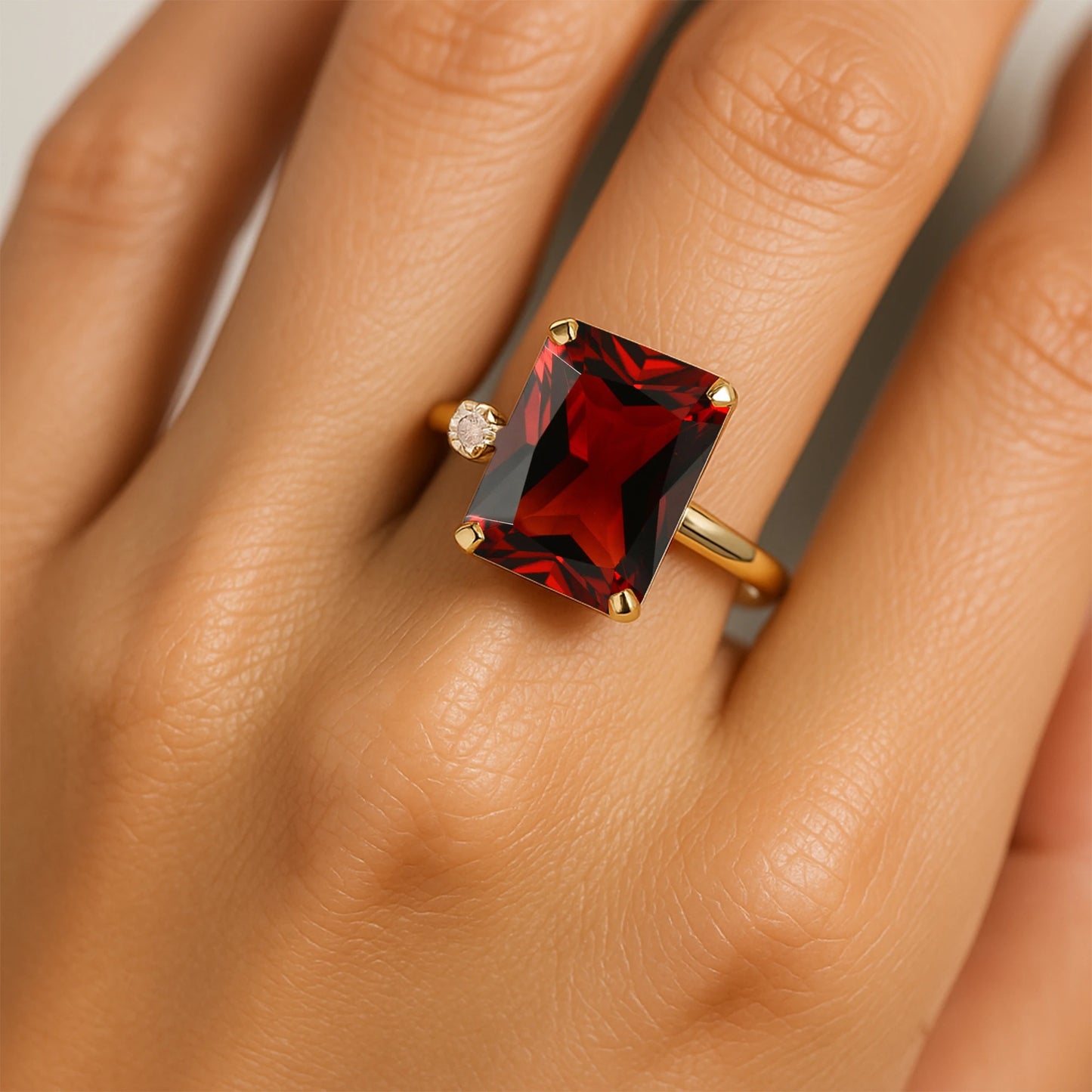 Emerald Cut Red Garnet Gemstone Solid Gold Rhodium Plated Ring Brilliant Cut Diamond Luxury Engagement Wedding Party Gift