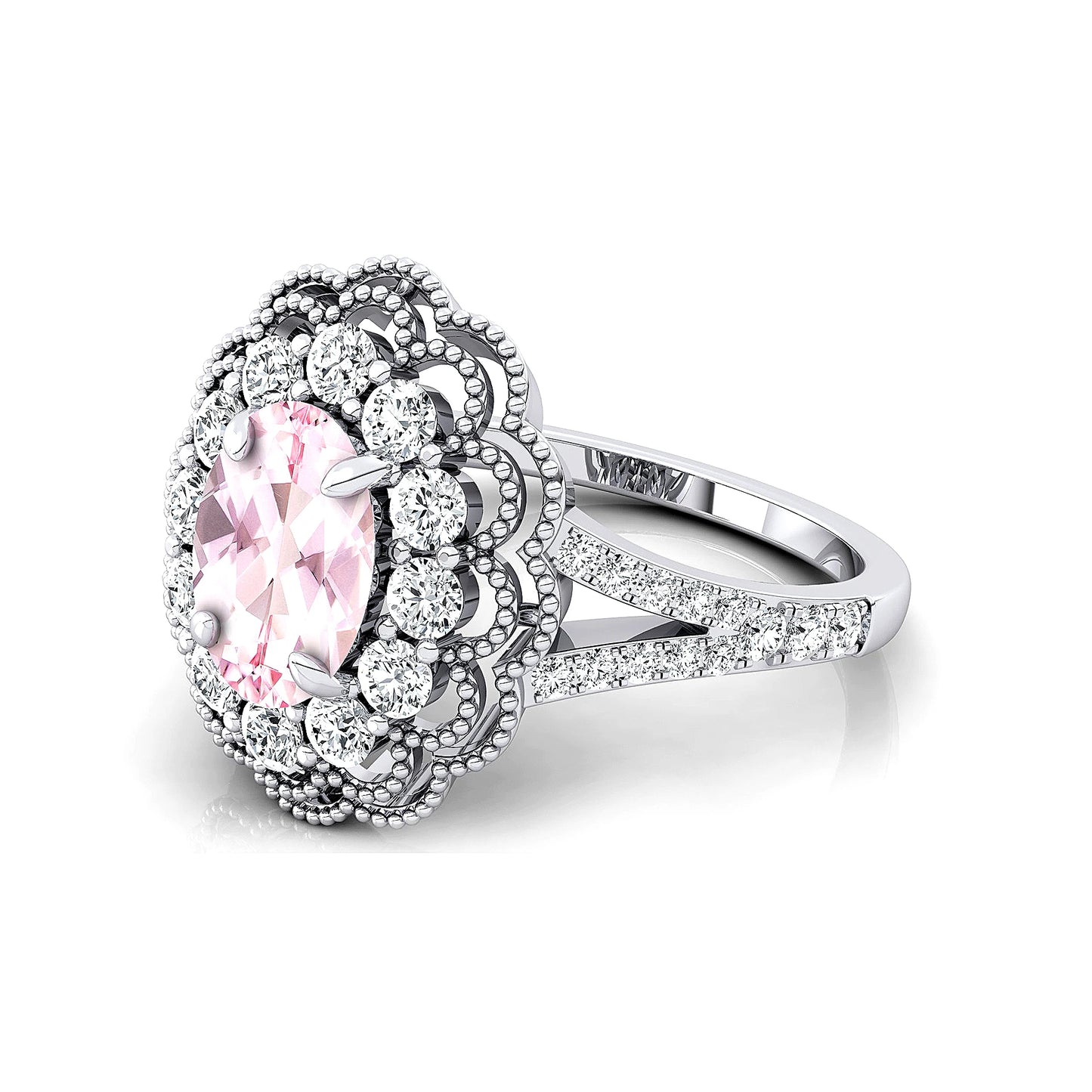 Oval Cut Natural Morganite Real Diamond Cluster Ring 18k Solid Gold Rhodium Plated Classic Fine Bridal Halo Solitaire Ring