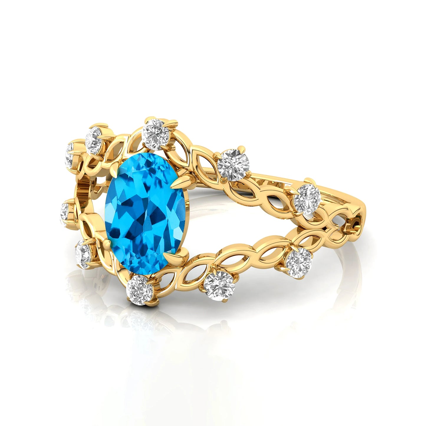 14Kt Solid Gold Classic for Swiss Blue Topaz Gemstone Rings Real Diamonds Women's Engagement Wedding OEM Jewelry Valentine's Day