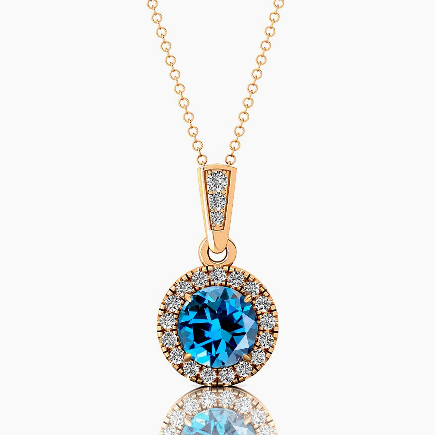 Exquisite Halo Style Natural London Blue Topaz Gemstone & Genuine Diamonds 14k White Gold Charm Pendant Necklace For Mother Gift