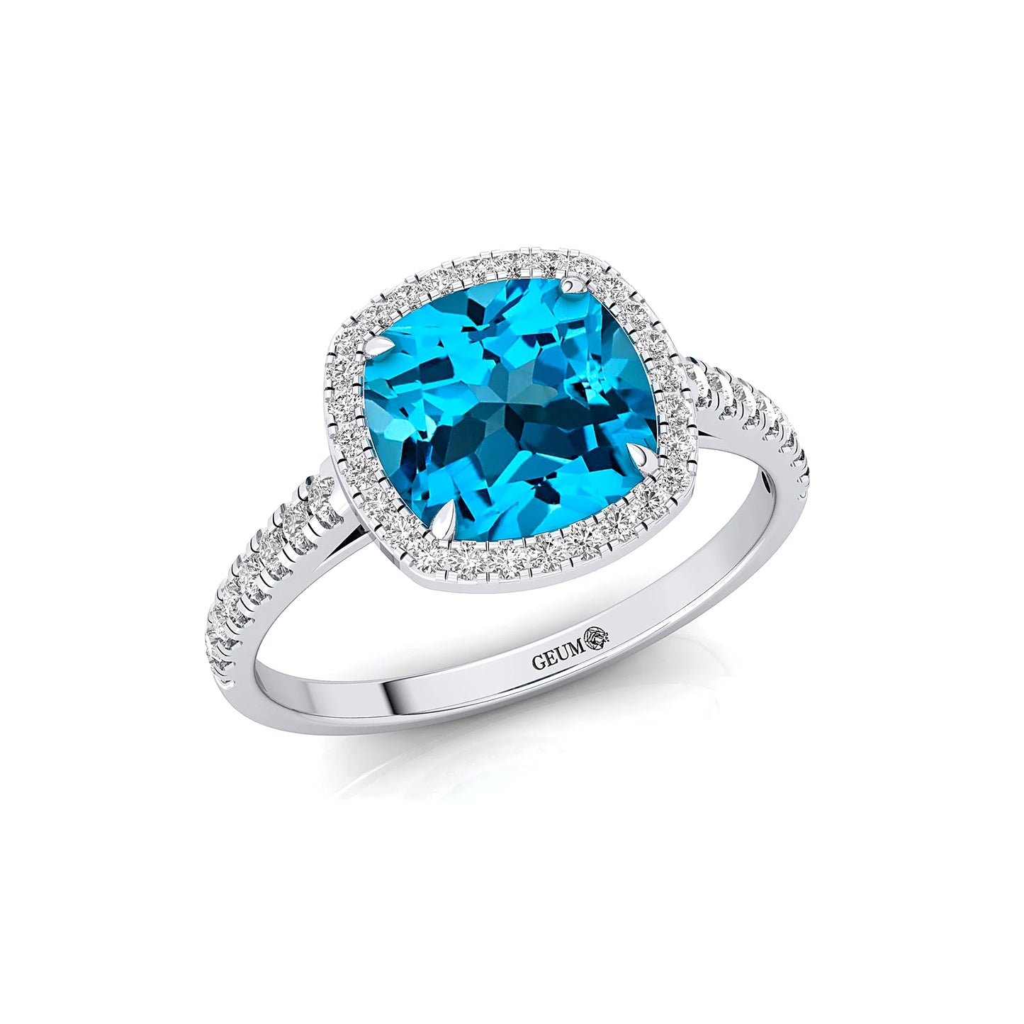 Personalized Classic 14k Solid Gold Halo Wedding Engagement Ring with for Swiss Blue Topaz & Natural Diamond Gift Her Bulk OEM