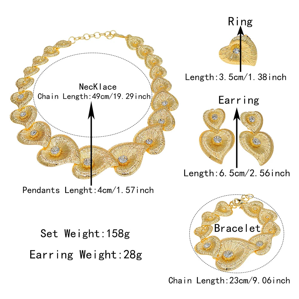 Zhuerrui Italian Gold Plated Jewelry Set for Women Heart Shaped Petal Crystal Necklace Earrings Bracelet Ring Party I004320