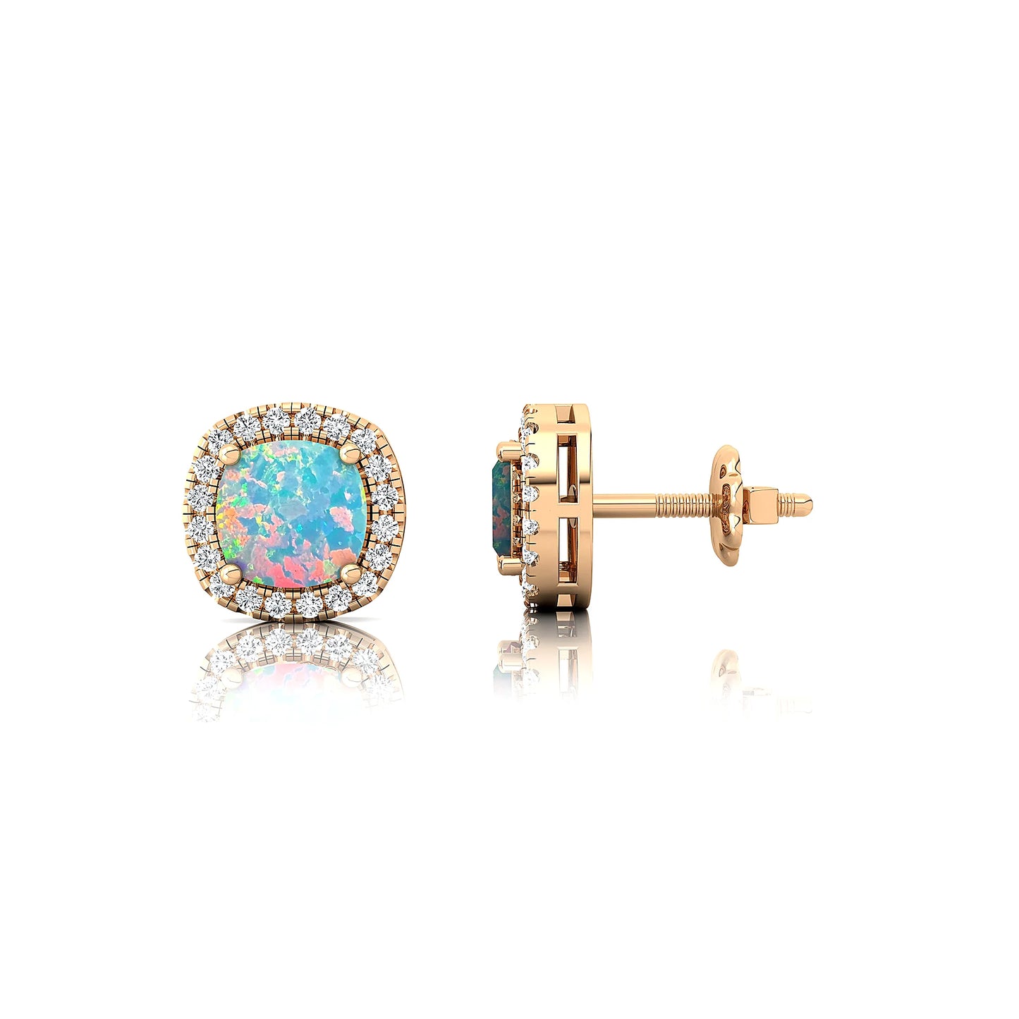 18k Solid Gold Natural Opal Gemstone & Real Diamonds Stud Earrings Beautiful Design Luxurious Birthstone Cute Halo Stud Earrings