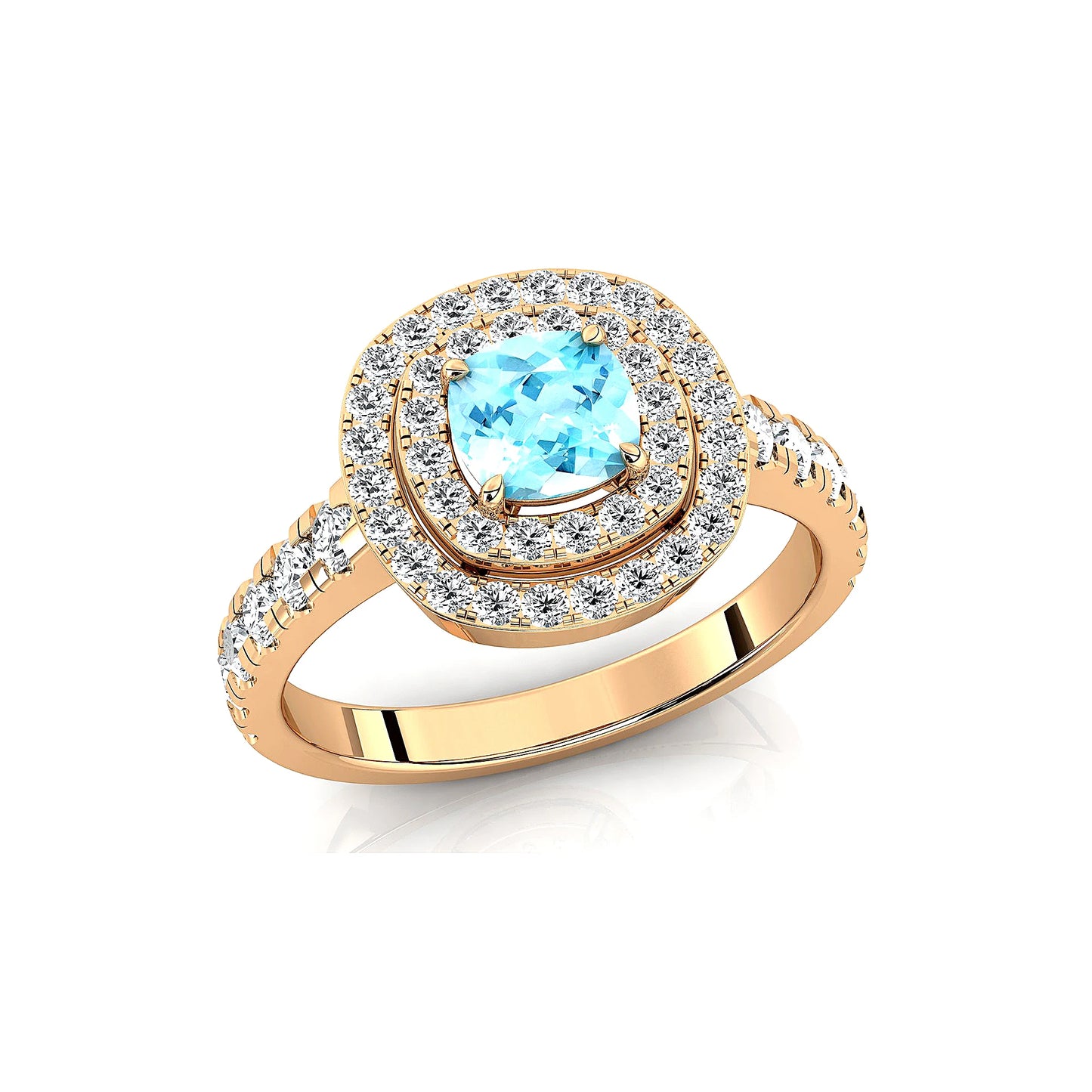 100% Natural Birthstone Aquamarine Gemstone Fine White Diamonds Solid Gold Bulk Double Halo Ring For Wedding and Engagement