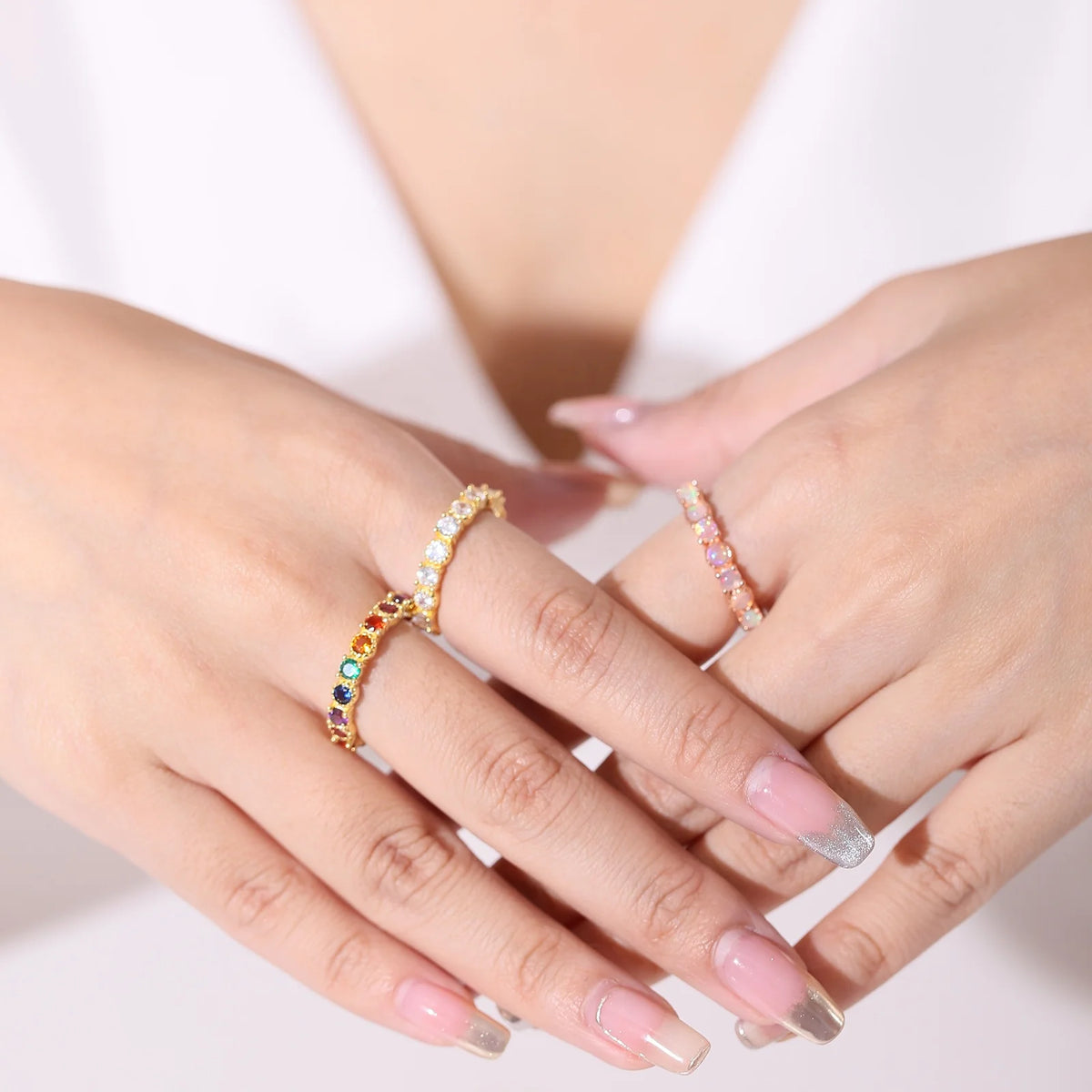 Gemfiori OL0953R Abiding Factory 925 Sterling Silver Colorful Jewelry Cz Opal Gemstone Stackable Eternity Band Ring for Girls