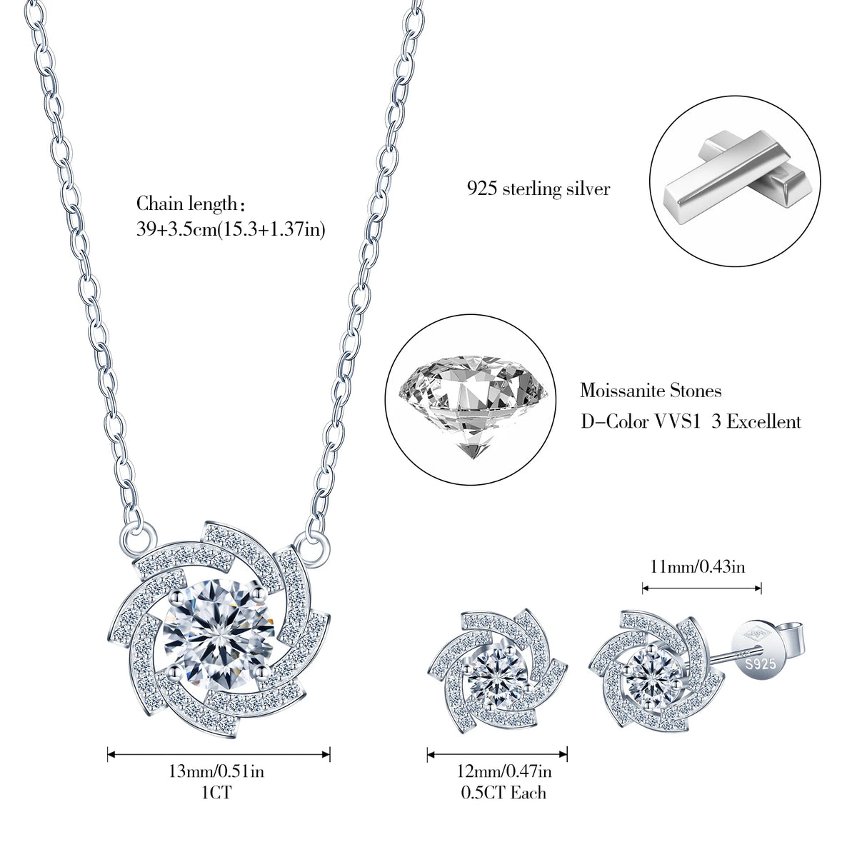 Nebula Jewelry Set 925 Sterling Silver Moissanite Pendants Charms Necklace Stud Earrings