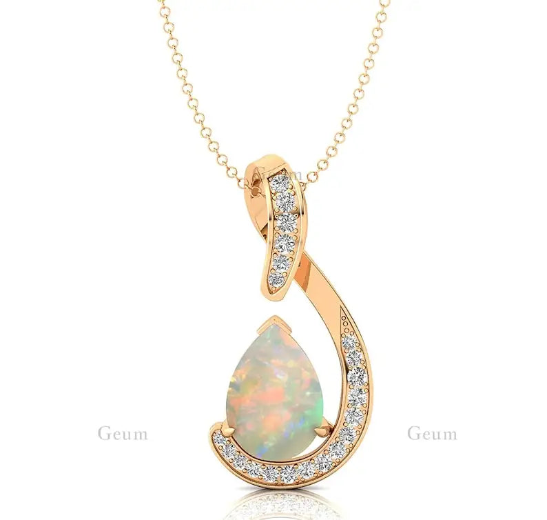 18Kt Solid Gold Pear Shape Natural Ethiopian Opal Gemstone Designer Charm's Pendant Real White Diamonds OEM ODM Wholesale