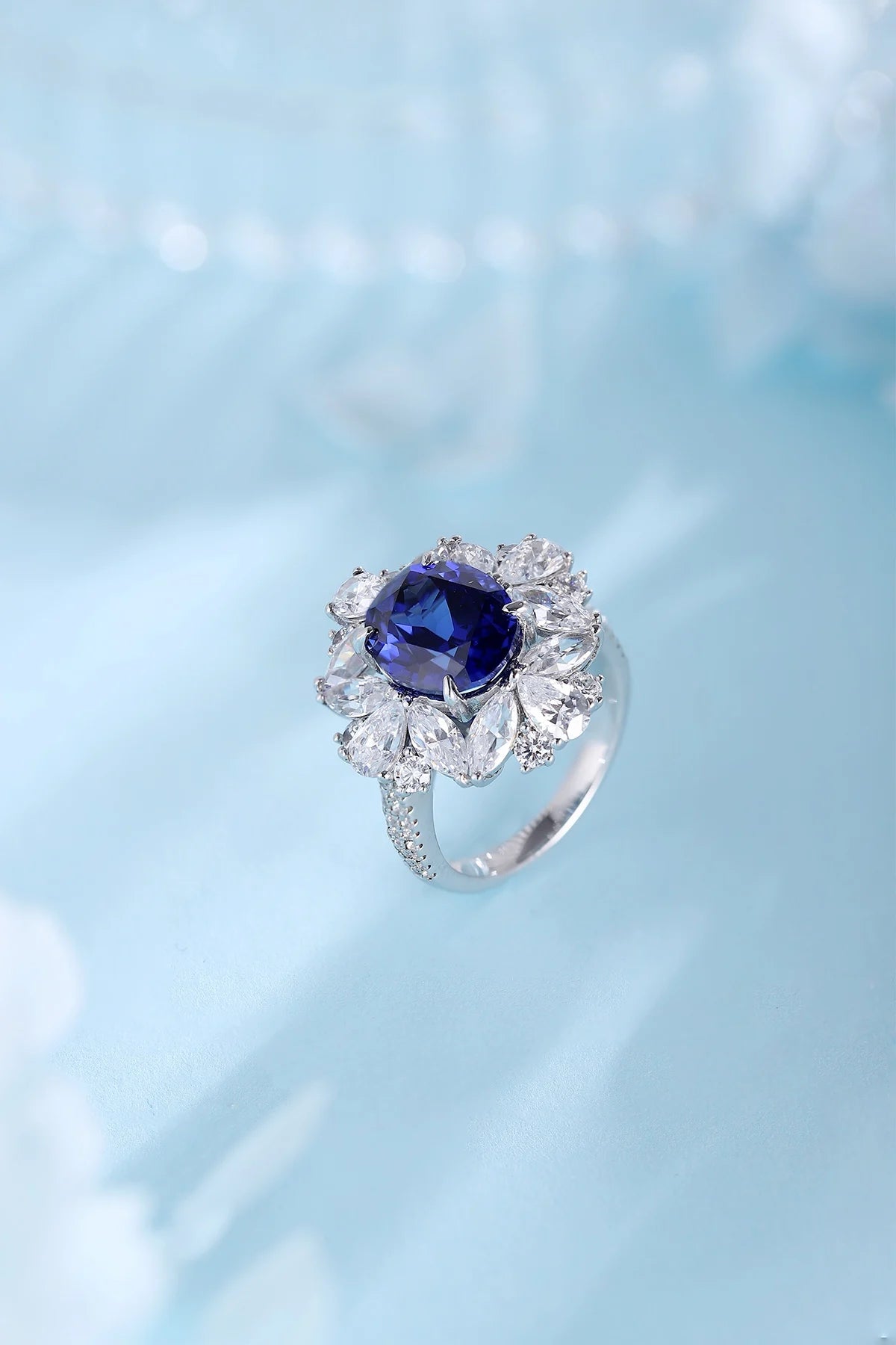 Gemfiori Anster Oval Cut Lab Created Diamonds and Ring S925 Sterling Silver Lab Grown Sapphire Women Ring