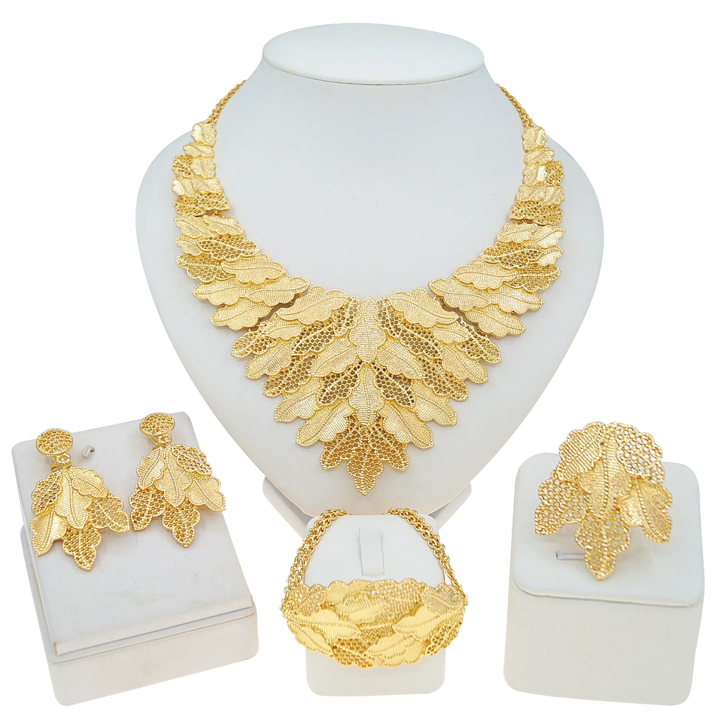 Zhuerrui Gold Plated Ethnic Style Leaf Lace Jewelry Set Necklace Bracelet Earrings Ring for Party Wedding Occasions I0001120