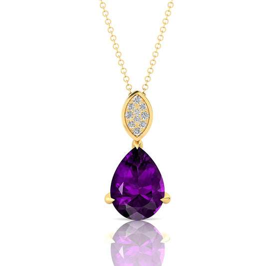18kt Solid Gold Natural Amethyst Gemstone Real Diamond Teardrop Pendant Necklace Cute Rhodium Plated Luxurious Handmade Jewelry