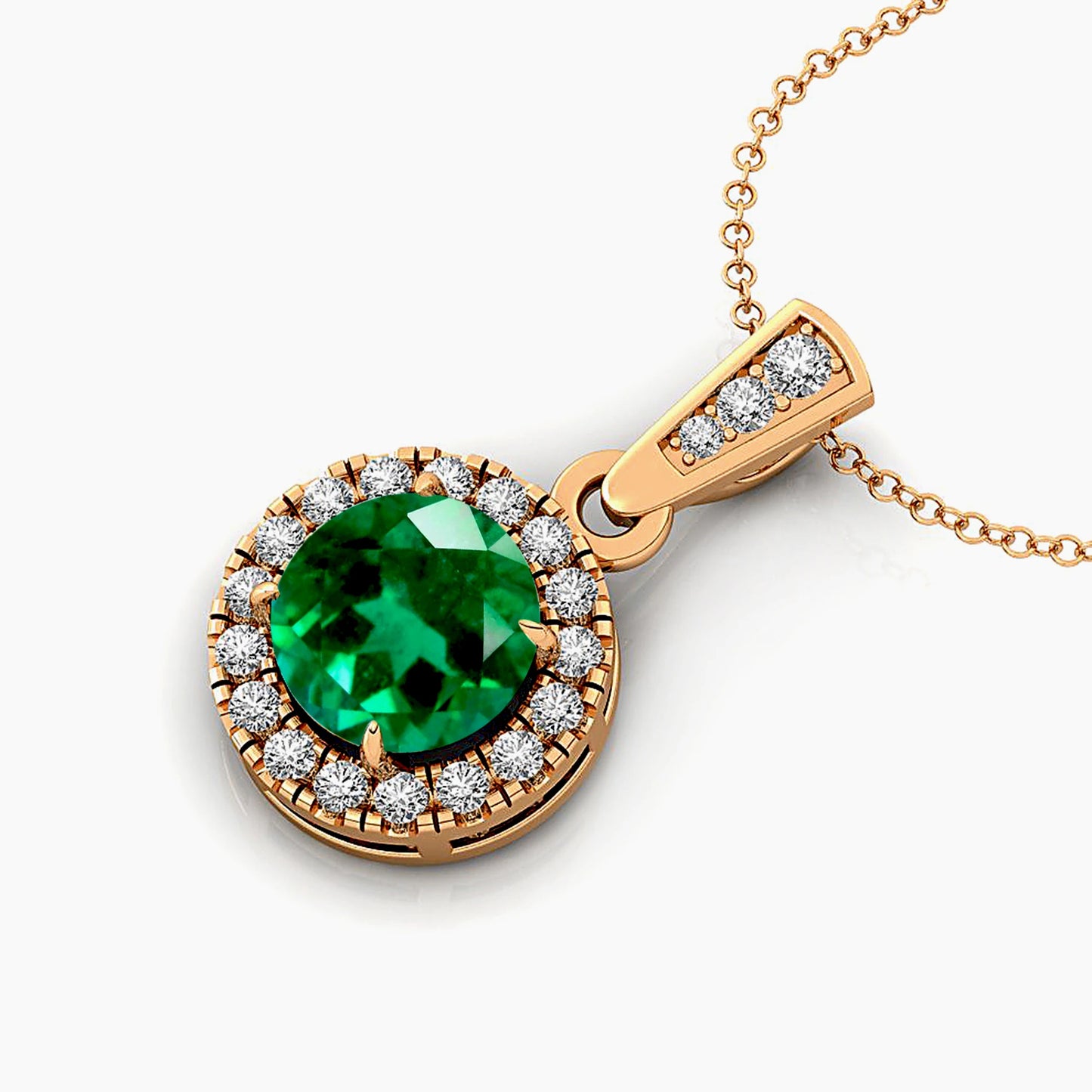 Halo Solitaire Charm Pendant Necklace Lab Grown Emerald Gemstone Genuine White Diamonds Cute Style Rhodium Plated Certified Gold