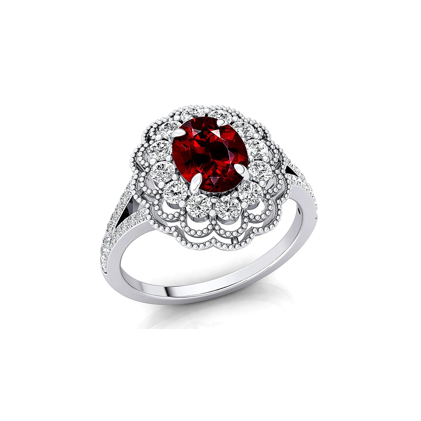 14k Solid Gold Rings Natural Garnet Gemstone Fine Real Diamonds Rhodium Plated Classic Women's Oval Cut Birthstone Halo Ring