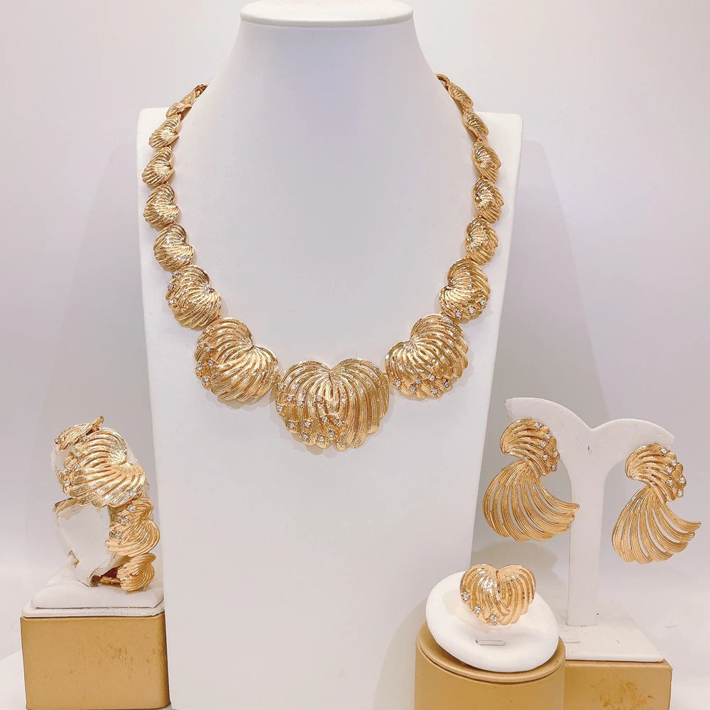 Zhuerrui Italian Gold Plated Jewelry Set Fan Shaped Crystal Inlaid Layered Necklace Earrings Bracelet Ring for Women Party I0059