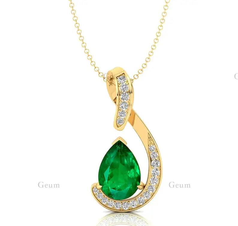 Lab Grown Green Emerald Genuine White Diamond Teardrop Pendant Necklace 14k Solid Gold Cute Delicate Fine Women's Gift Jewelry