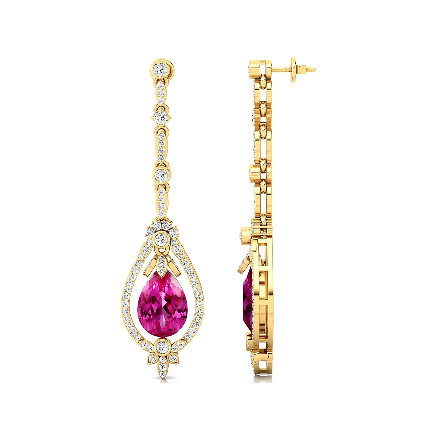 Solid Gold Luxurious Design Pear Cut Lab Grown Pink Sapphire Gemstone Cute Wedding OEM Birthstone Dangle Drop Earring