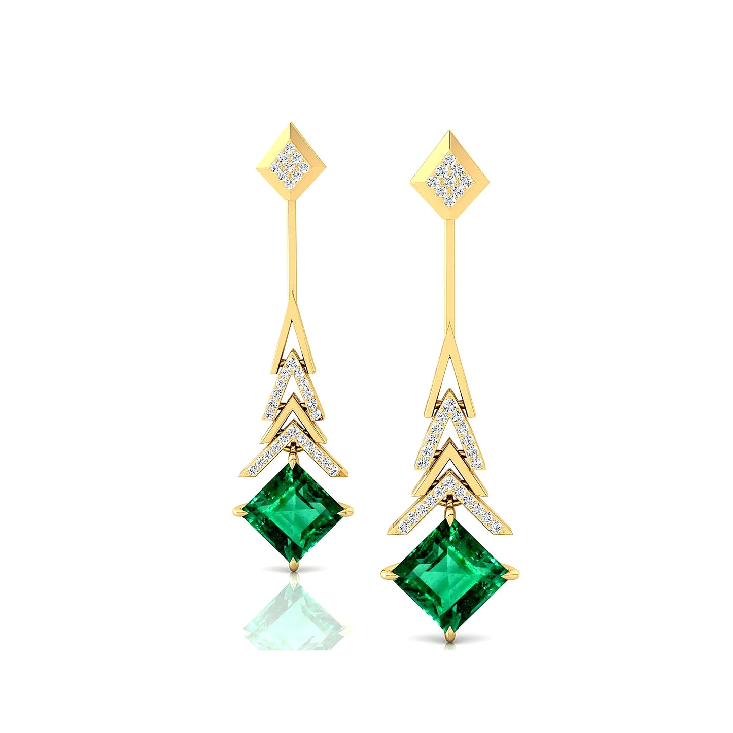Quality Lab Grown Emerald Dangle Drop Earrings With Diamonds 18k Solid Yellow Gold Rhodium Plated Wedding Party May Birthstone