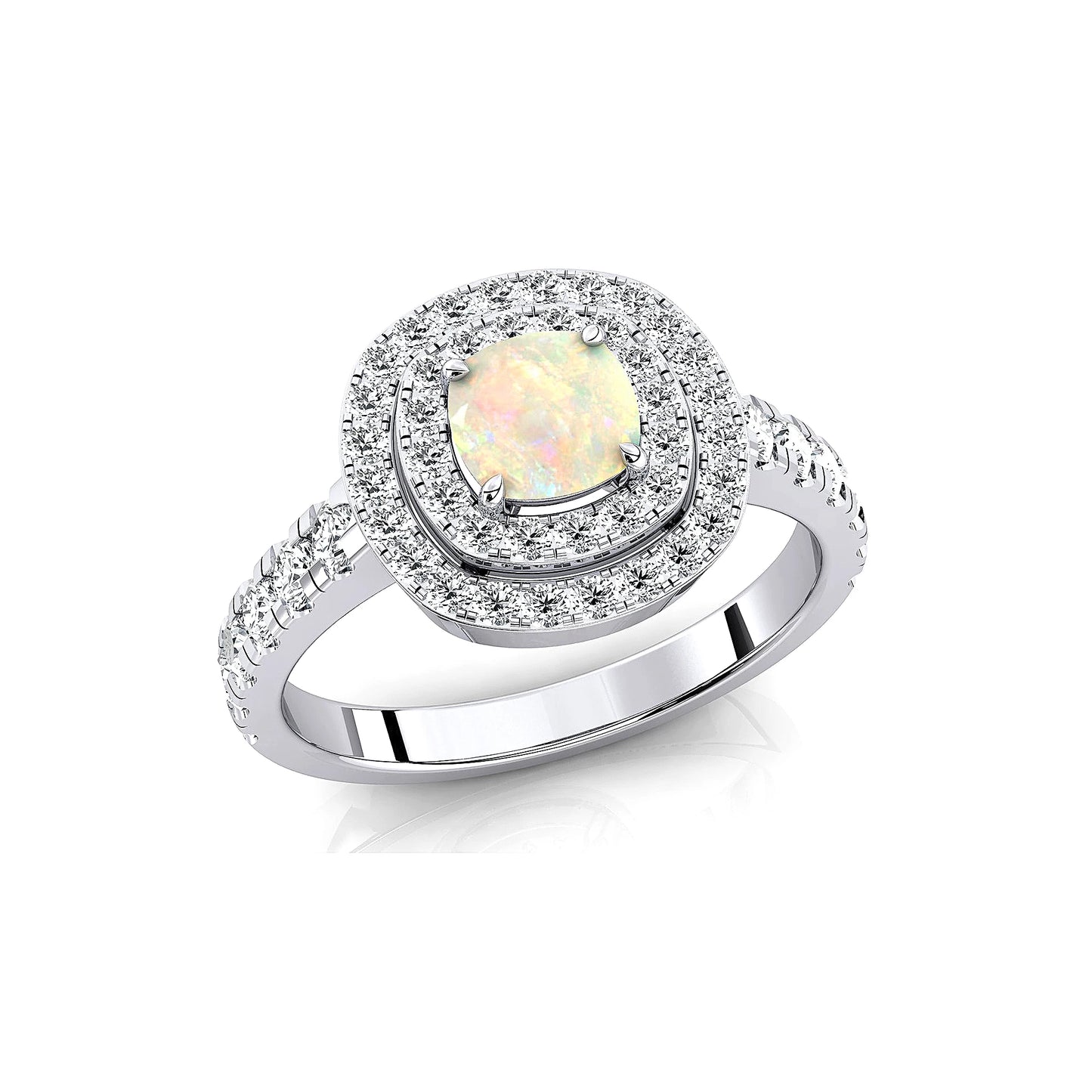18kt Solid Gold Rings Natural Ethiopian Opal & Real White Diamonds Rhodium Plated Wedding Solitaire Halo Ring Fine Jewelry