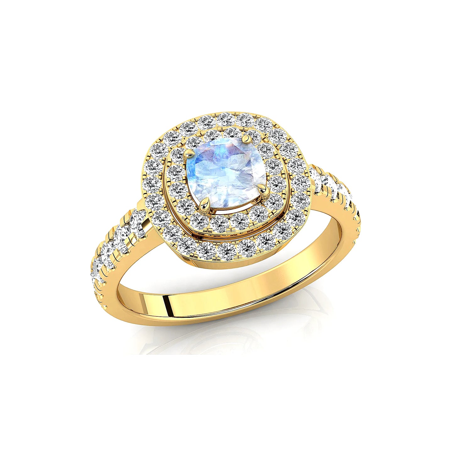 18k Solid Gold Rings Natural Rainbow Moonstone Cushion Cut Prong Set Double Halo Half Eternity Ring Band For Birthday Gift